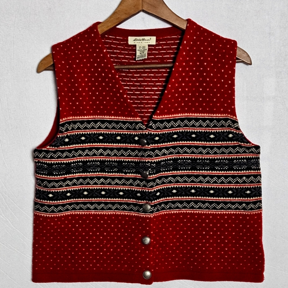 Eddie Bauer Womens Sweater Vest Size Medium Petite Red Black Wool Fair Isle
